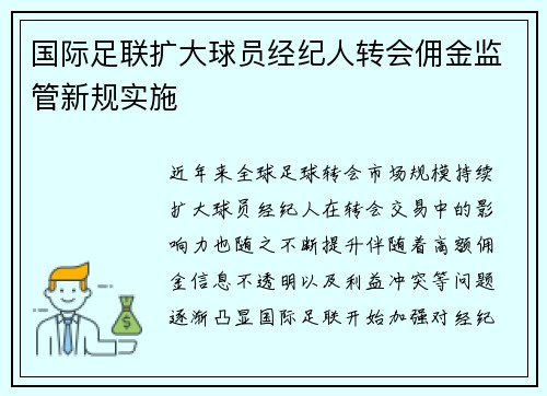 国际足联扩大球员经纪人转会佣金监管新规实施 国际足联扩大球员经纪人转会佣金监管新规实施